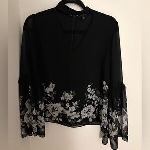 White House Black Market choker collar sheer black floral blouse size 4
